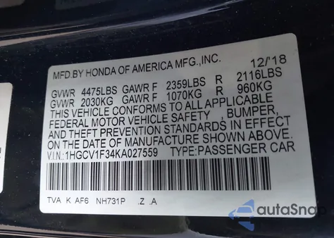 2019 Honda Accord Sport z USA, uszkodzony, nr VIN 1HGCV1F34KA027559